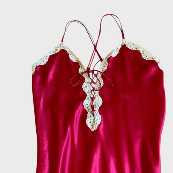 Vintage Fantasies by Morgan Taylor Red Satin Lace Nightgown Slip Dress Size L - Picture 9 of 15